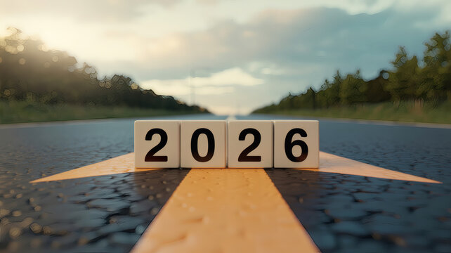 2026 year cubes on road with bold arrow forward concept progress strategy and future direction motivational business vision for banner poster and calendar cover