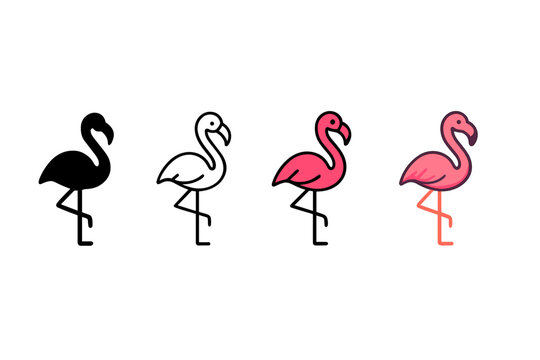 Flamingo Icon Styles. Vector icon flamingo standing same pose same proportions four styles black solid glyph outline minimal flat multicolor filled cartoon