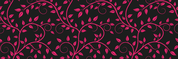 "Seamless floral pattern with pink leaves and vines on black background. Elegant decorative botanical texture design for fabric, wallpaper, wrapping, fashion, and digital art projects."