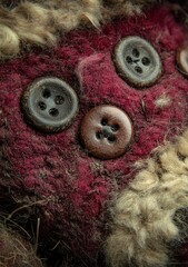 Close-up Worn textile, buttons, and textured fibers.