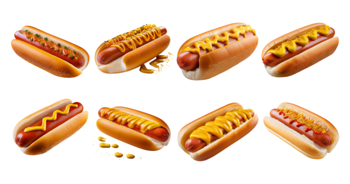 Colorful Assortment of Classic Hot Dogs with Various Toppings, isolated on transparent background - Powered by Adobe