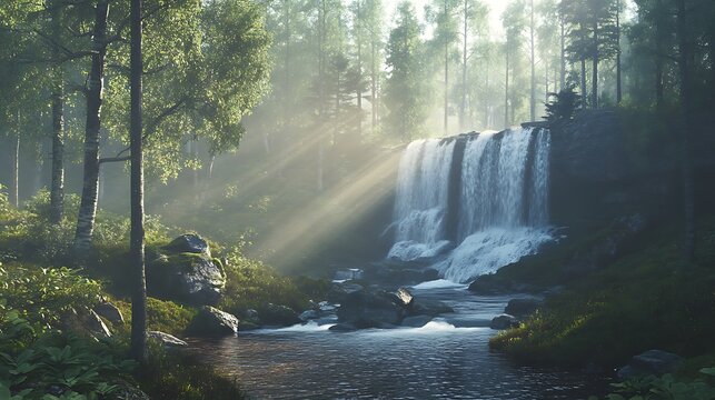 Beautiful waterfall in forest nature landscape scenery view - Powered by Adobe