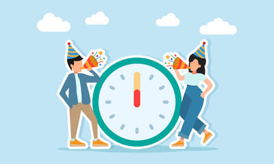 man and woman celebrating a party or festival wearing party hats and blowing trumpets near a clock illustration of a new year celebration event party or festival concept