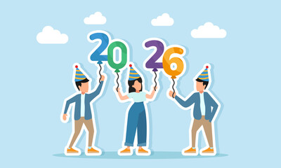 several men and women wearing party hats holding balloons with 2026 pattern illustration of a new year celebration event party or festival concept