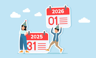 man wearing a party hat lifting a 2026 calendar to bring to a woman with a party hat standing near a 2025 calendar illustration of a new year celebration concept
