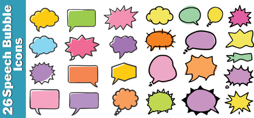  "26 colorful speech bubble icons set in comic style. Collection of fun cartoon talk, text, and message balloons for dialogue, chat stickers, pop art, and creative design projects."