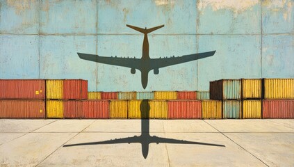 Airplane shadow over containers and faded wall