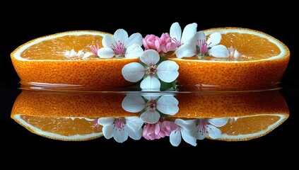 Orange halves adorned with blossoms, mirrored in water