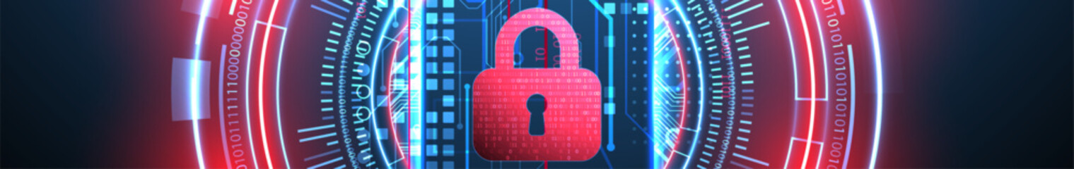 Abstract technological background on the topic of information protection. Various technological elements with padlocks inside which is a digital code. © Alex