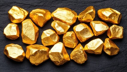 Shiny gold nuggets heap on dark slate surface, close-up