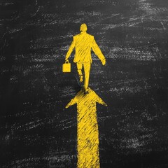 Yellow chalk person walks an upward arrow path on black