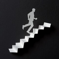 Paper cut man ascends paper stairs, black background