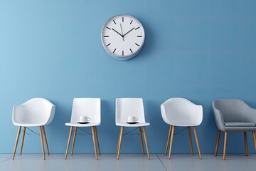 A clock adorns a pale blue wall above a row of white and gray chairs; coffee cups sit on some