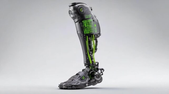 A black and green robotic leg exoskeleton with a boot-like foot standing upright on a flat surface.