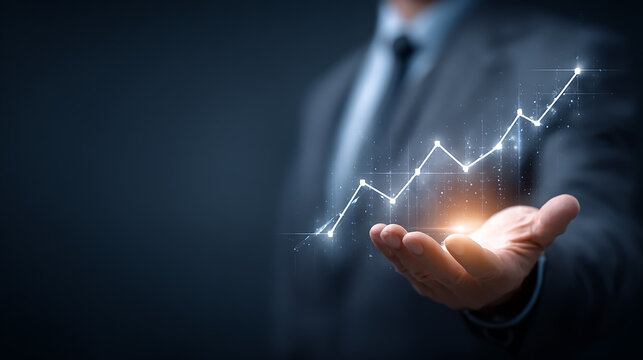Professional businessman in formal suit holding a glowing digital graph chart with rising trend lines, modern office background, business growth concept - Powered by Adobe