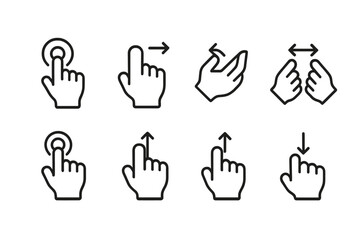 Touch Gesture Icons. Outline icon set of touch actions: press and hold, flick, pinch out, pinch in, double tap zoom, tap and drag, swipe up, swipe down. Line