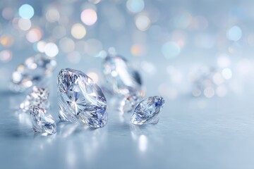 Several brilliantly cut, sparkling precious gems, arranged on a softly lit, reflective surface