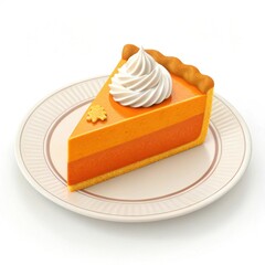 Perfect slice of pumpkin pie with whipped cream on white plate.

