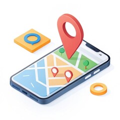 Isometric smartphone displaying map navigation with location pins.

