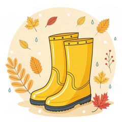 Bright yellow rubber boots with falling autumn leaves and raindrops.

