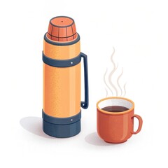 Retro colorful thermos and steaming mug for travel and outdoor rest.

