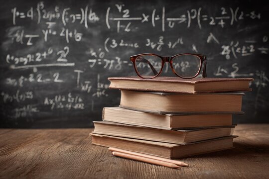 A stack of books with glasses sits on a wooden surface with complex equations on a chalkboard
