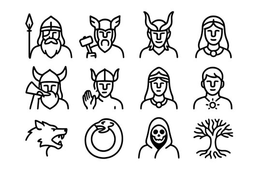 Norse Mythology Icons. Norse Mythology. Line icon set of Norse Mythology: Odin, Thor, Loki, Freyja, Heimdall, Tyr, Frigg, Balder, Fenrir, Jormungandr, Hel,