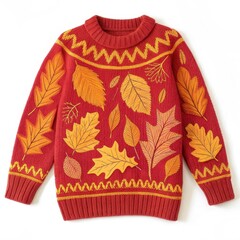 Red knitted sweater with autumn leaves pattern.

