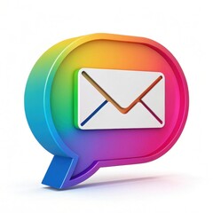 3D message icon: colorful speech bubble with white email envelope.

