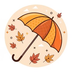 Orange umbrella decorated with autumn maple leaves and floral pattern.

