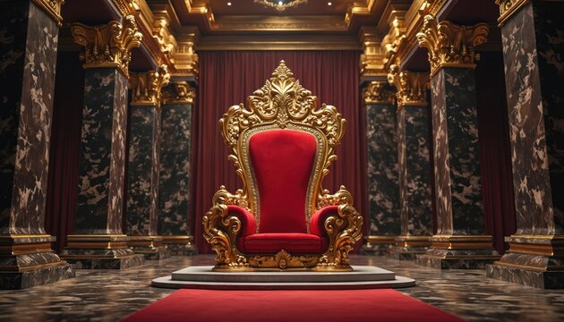 Ornate golden throne stands in a grand palace hall. Red velvet against rich gold decor. Marble pillars frame opulent interior design. Carpet leads to. - Powered by Adobe