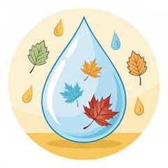 Large water drop containing colorful autumn maple leaves illustration.

