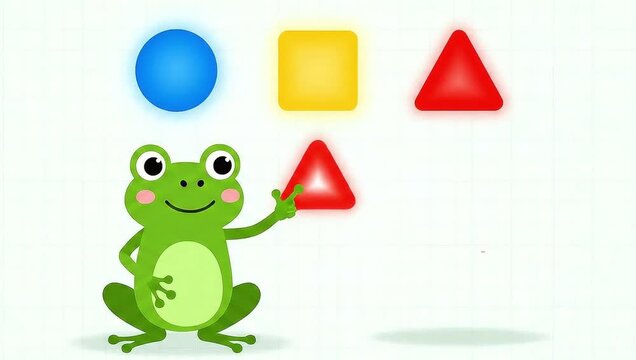 Cute cartoon frog playing with shapes for kids learning.