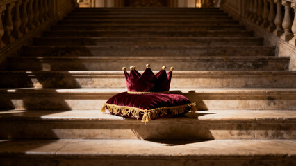 Royal Succession: Velvet Crown and Cushion Resting on Ancient Stone Stairs in Dramatic Light

