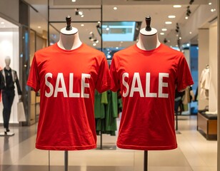Two mannequins displaying red t-shirts with the word SALE in a retail store setting