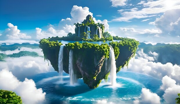 Enchanting floating island paradise with waterfalls and lush greenery