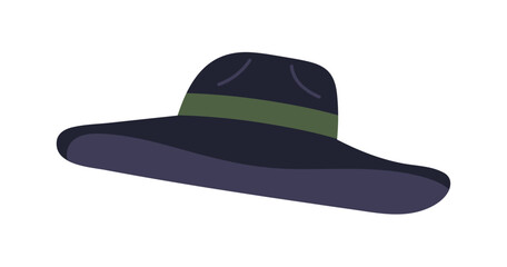 Hat, wide brim accessory. Classic elegant head wear with ribbon band. Stylish headwear, headdress for sun protection, apparel, clothing. Flat vector illustration isolated on white background