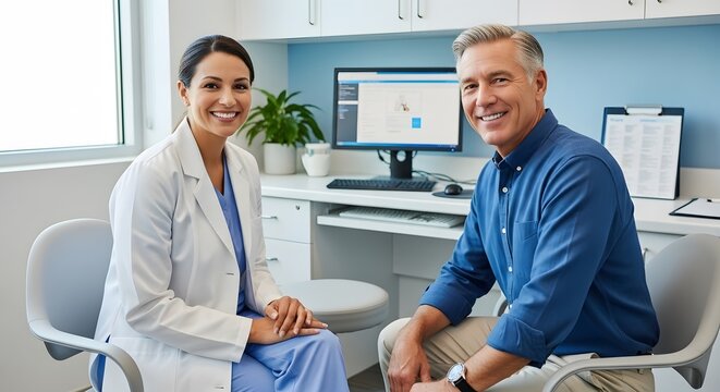 Smiling doctor and patient sitting in clinic office during medical consultation