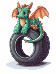 Baby dragon sitting on a car tire 2D illustration.