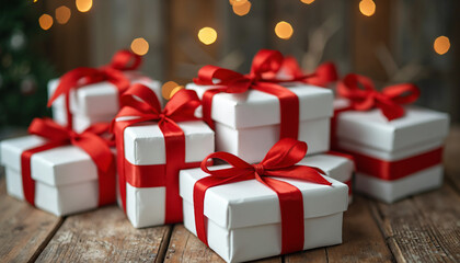 Obraz premium White Gift Boxes with Red Ribbons on Wood