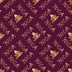 Yoga Seamless Pattern with Lotus Flower on Burgundy Background