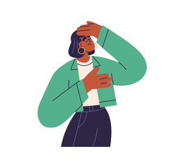 Woman suffering from headache. Female feeling unwell, unhealthy, hand on forehead. Ill sick tired exhausted person with head ache, migraine. Flat vector illustration isolated on white background