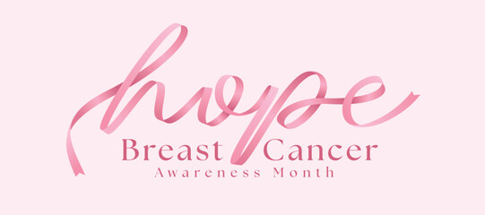 Breast cancer awareness month - hope text with long pink ribbon awareness roll waving vector design