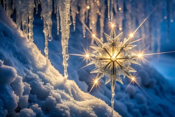 A sparkling, crystalline snowflake ornament hangs in front of a snowy landscape with icicles and soft blue light, creating a magical winter scene