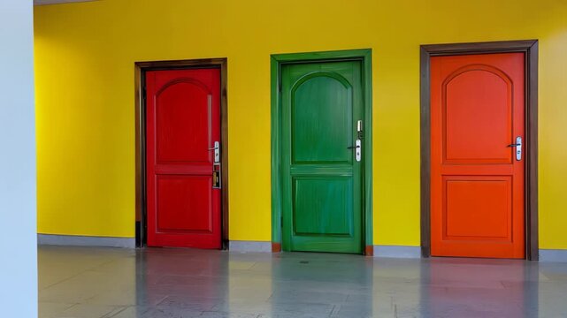 Brightly Colored Doors Against a Yellow Wall in Modern Setting