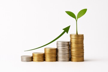 Financial growth concept with coin stacks arranged as upward arrow