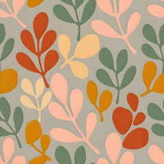 Repeating pattern of botanical minimalist silhouettes in soft muted earthy tones.