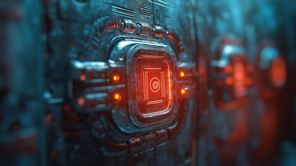 Fototapeta premium A close up view of a futuristic circuit board with red lights illuminating the intricate pathways