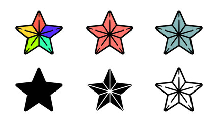 Fototapeta premium Vector art of collection of six star icons in various colors, styles, and fill options