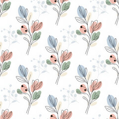 Seamless pattern with minimalist floral line art.